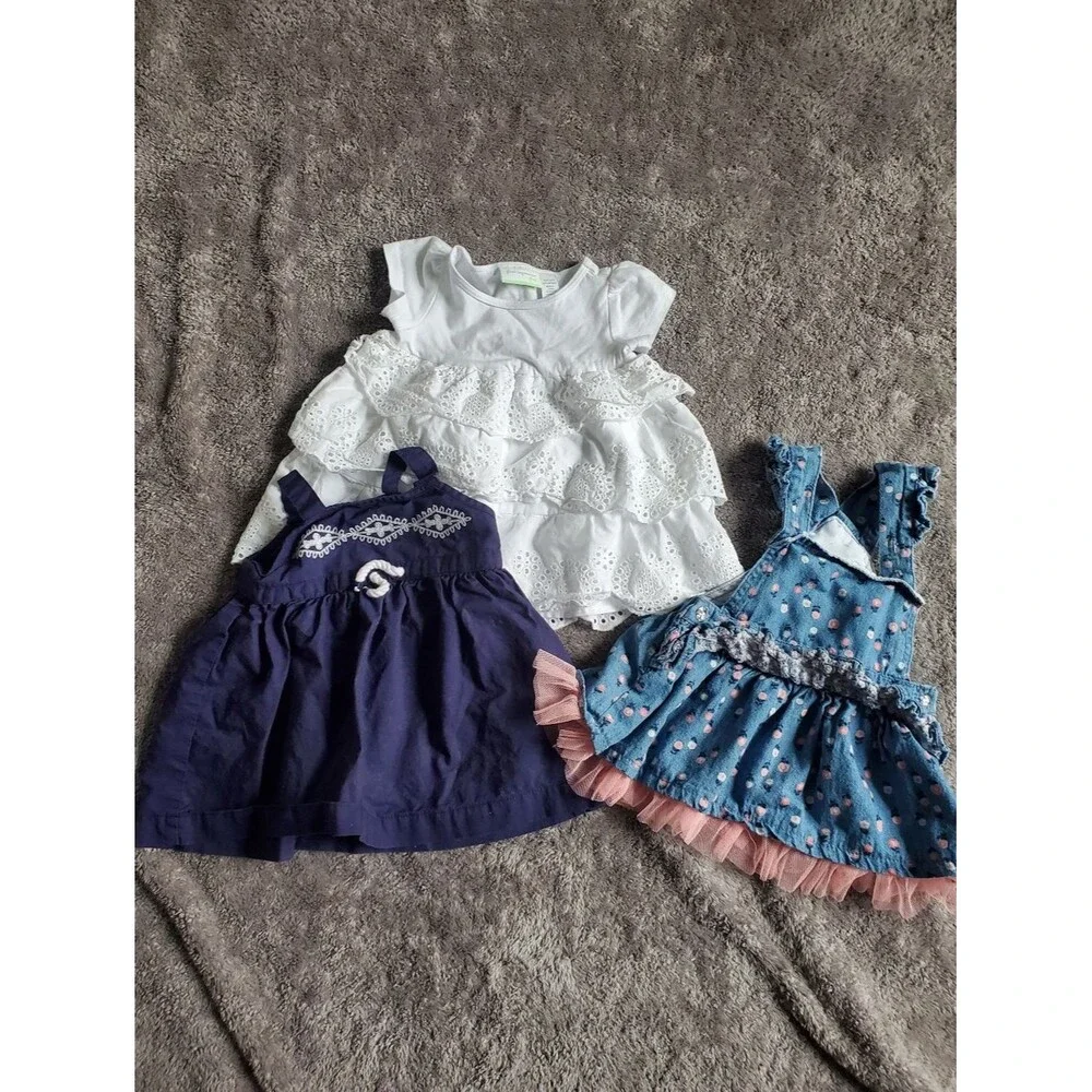 ​Lot of 3 Baby Girl Summer Dresses/Tops Boho, Eyelet, & Denim Ruffle Size 6/9M